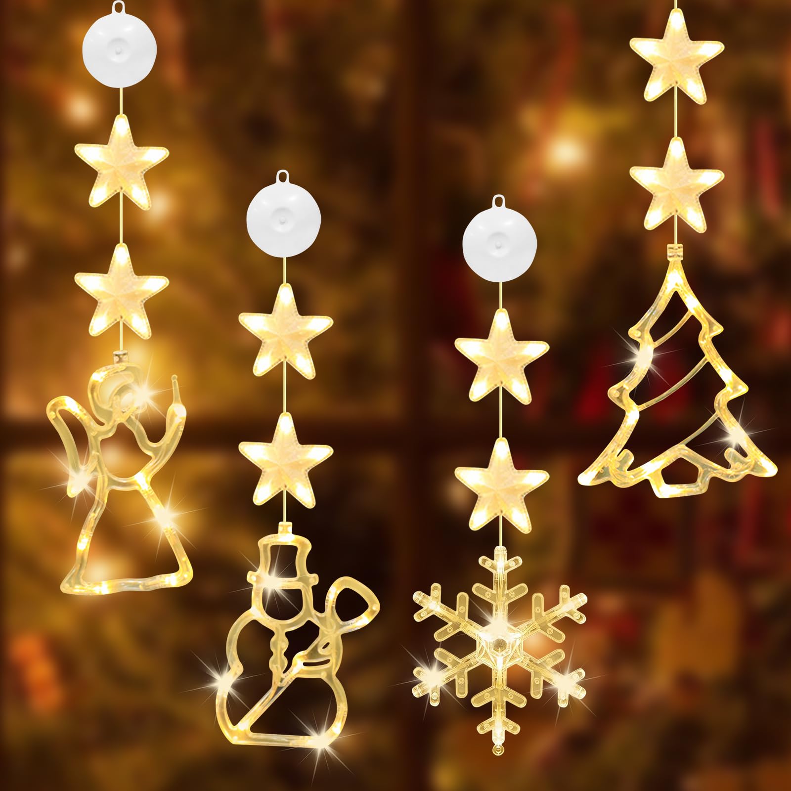 HOSSOM LED Weihnachtsfensterbeleuchtung – 4 Motive (Baum, Santa, Elch, Sterne), Mit Saugnäpfen & Timer, Batteriebetrieben Weihnachtsdekoration Ohne Kabel
