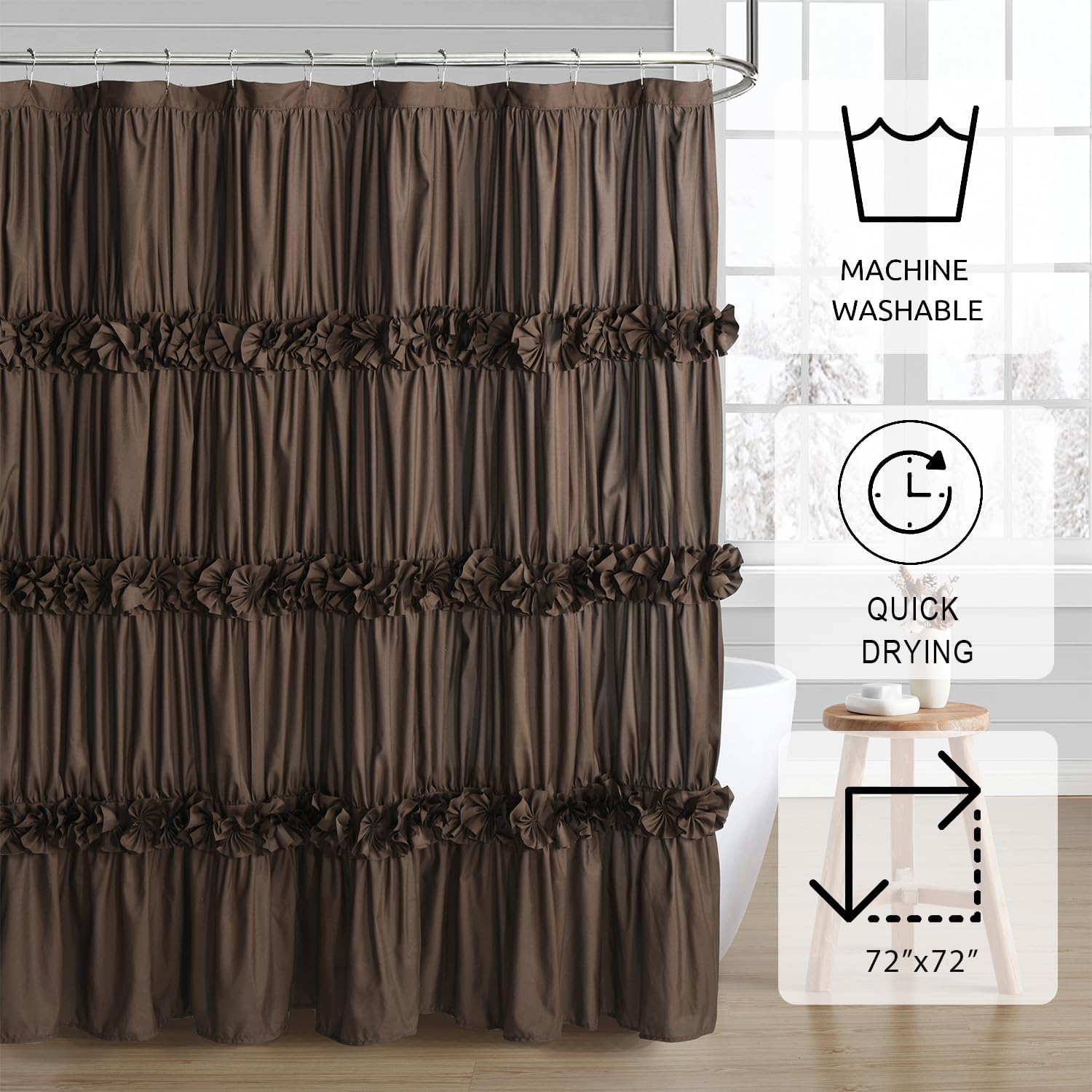 Chocolate Ruffle Shower Curtain, Vintage Handcrafted Bow Tie Bath Curtain for Master Bathroom, Ruched Microfiber Bathroom Curtain with 12 Buttonholes, 72" W x 72" H (LQ-10)