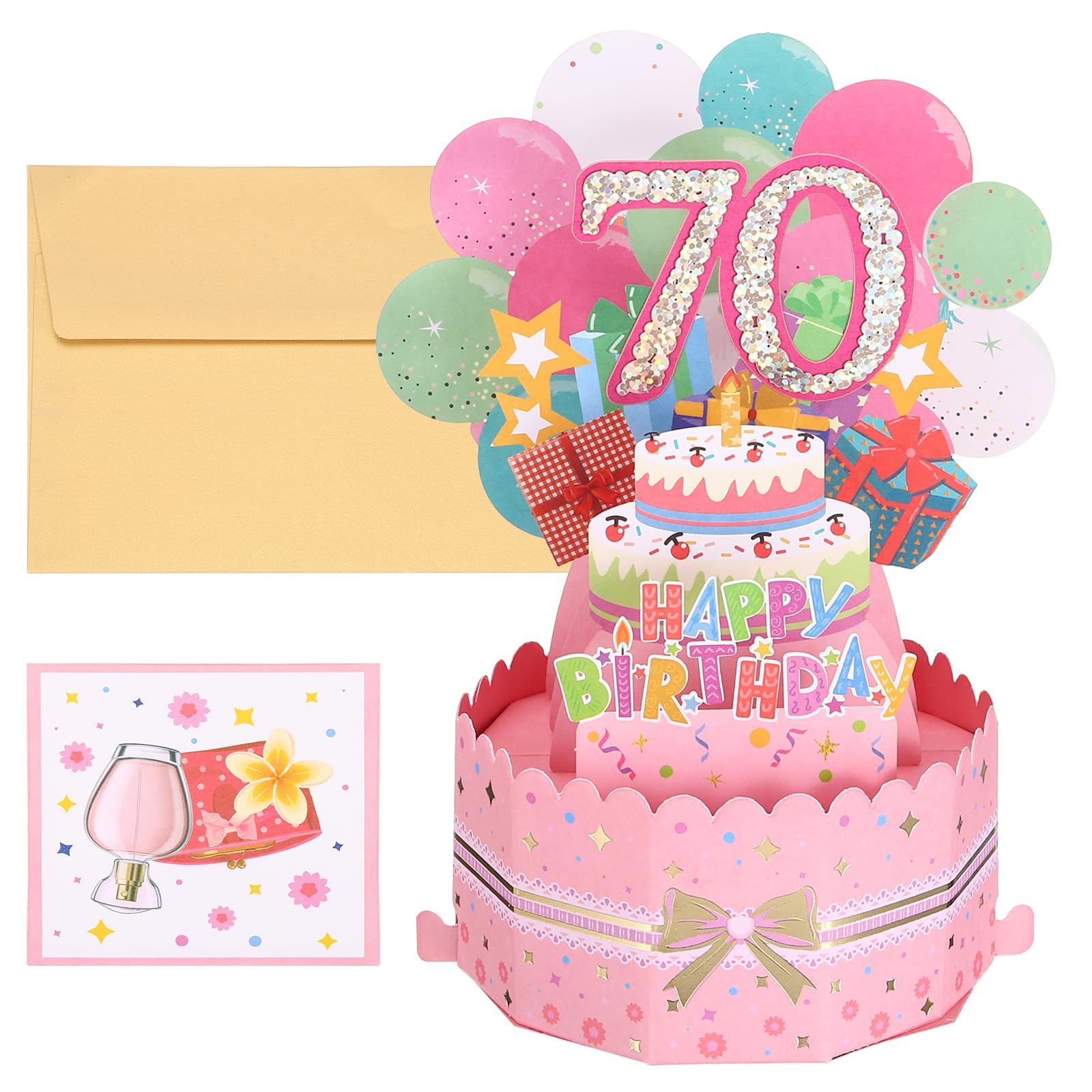 PATIKIL 70th Birthday Card, Pop-Out 3D Card with Greeting Card & Envelope, Pink
