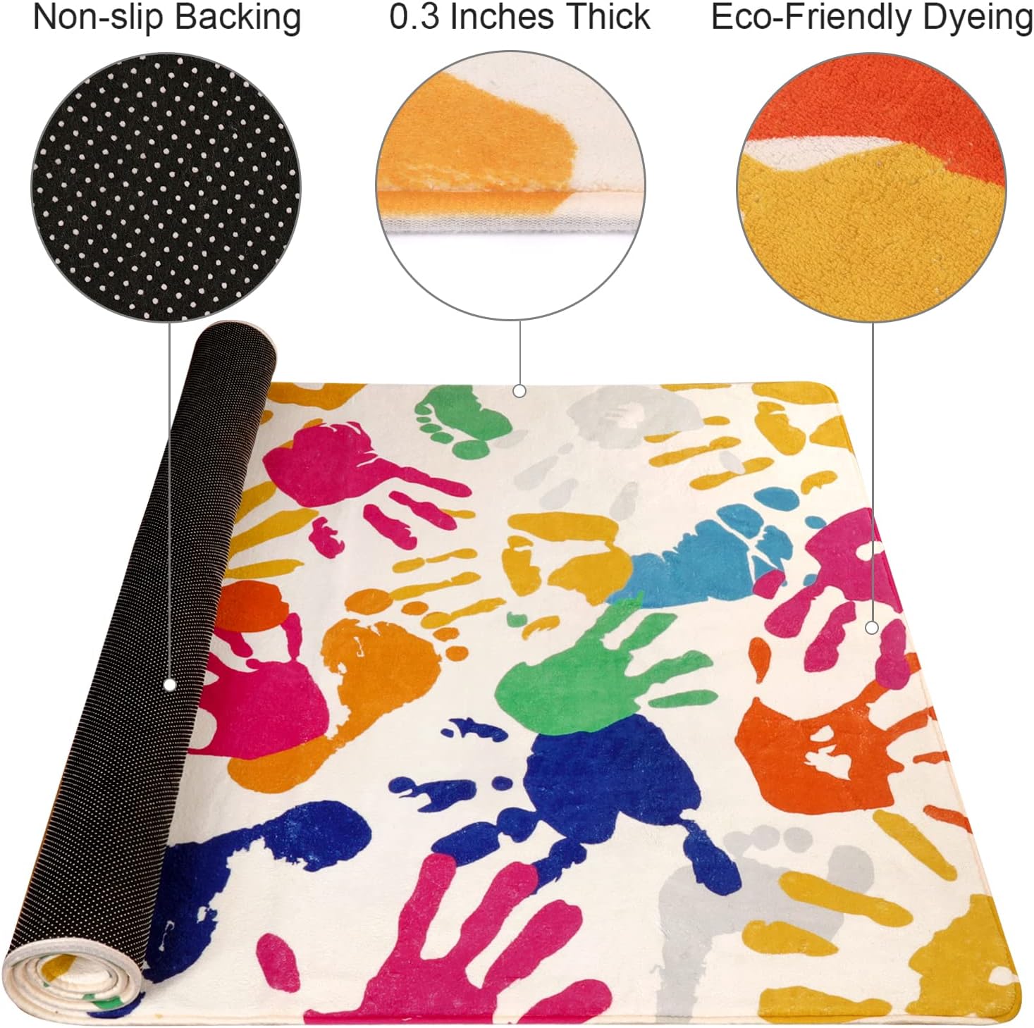 STARUIA Colorful Kids Rug for Playroom, 3'x5' Washable Handprints and Footprints Rugs for Kids Room Boys and Girls Nursery, Ultra Soft Non-Slip Non-Shedding Play Carpet Indoor for Classroom Bedroom