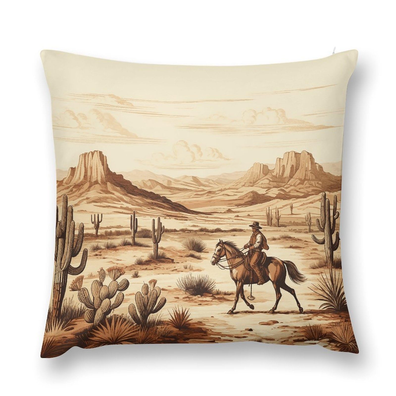 West Desert Cactus with Cowboys Riding Horses Throw Pillow Cover with Hidden Zipper Farmhouse Couch Pillow Cover Cozy Soft Short Plush Cushion Case Fashion Square Decorative Pillow Cover for Living Ro