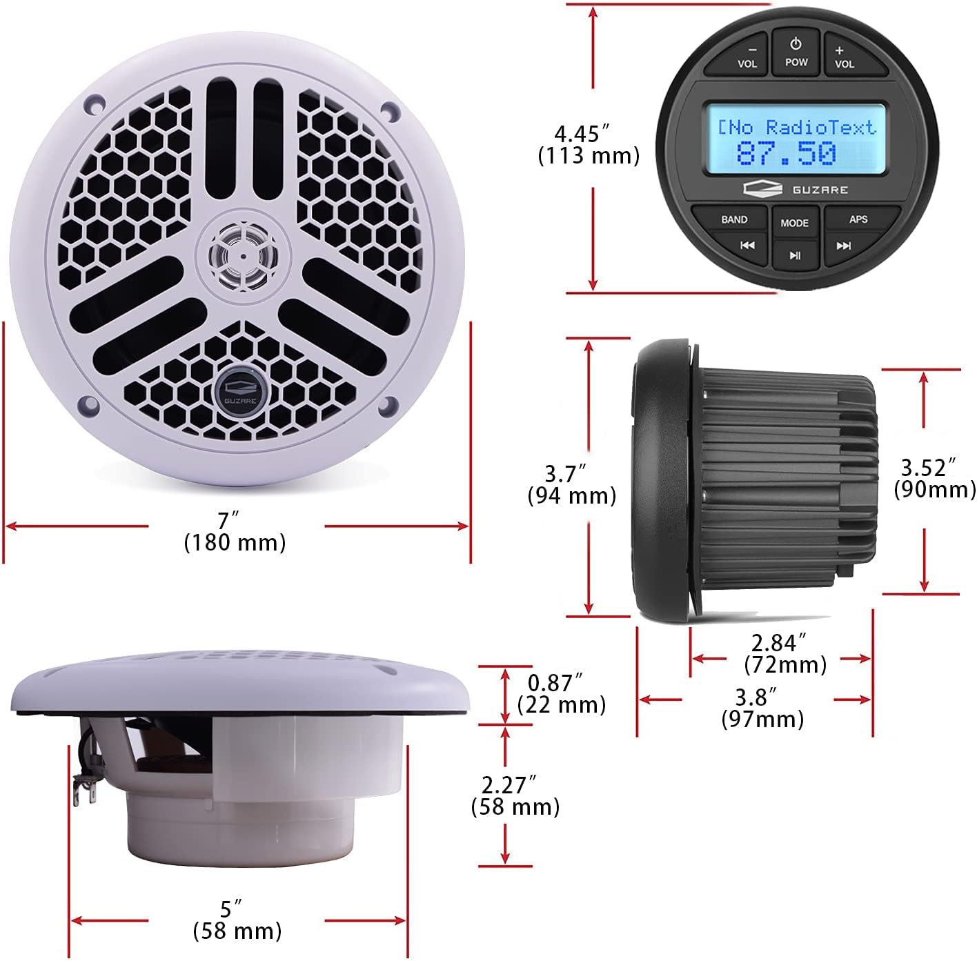 GUZARE GR305 Receiver and Speaker Dimensions