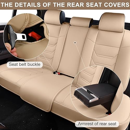 Miniatura 6 de Fundas de asiento de coche color beige, par de fundas de cuero transpirable para asientos delanteros y reposacabezas para una conducción cómoda,