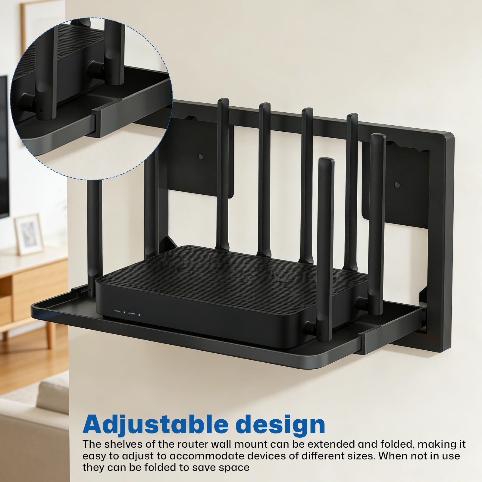 Router Wandhalterung, Faltbar Router Schrank Wandregal Ohne Bohren Schwarz WLAN Box Regal Halterung Wand für Routers TV-Box Hi-Fi Spielkonsolen 27.6 X 21.6 X 2 cm