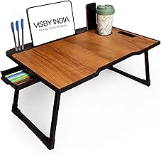 Foldable Wooden Mini Laptop Table for Bed, Study Table with Drawer, Tablet/Mobile Holder for Kids & Adults (Wood Cotted)