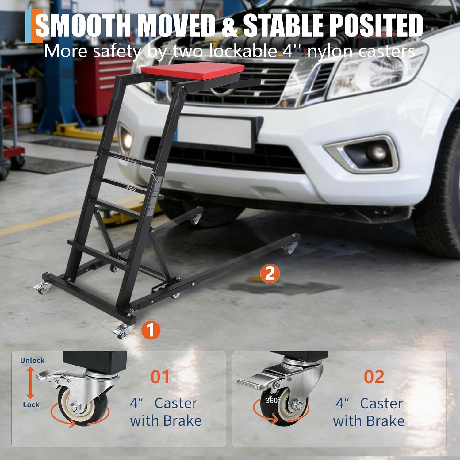 Automotive Engine Creeper Heavy Duty Foldable Creeper with Adjustable Height 45" to 66" 400 LBS Capacity High Creeper 6 Wheels,Storage Pouch&Padded Deck,Industrial-Grade Creeper for Auto Repair&Truck