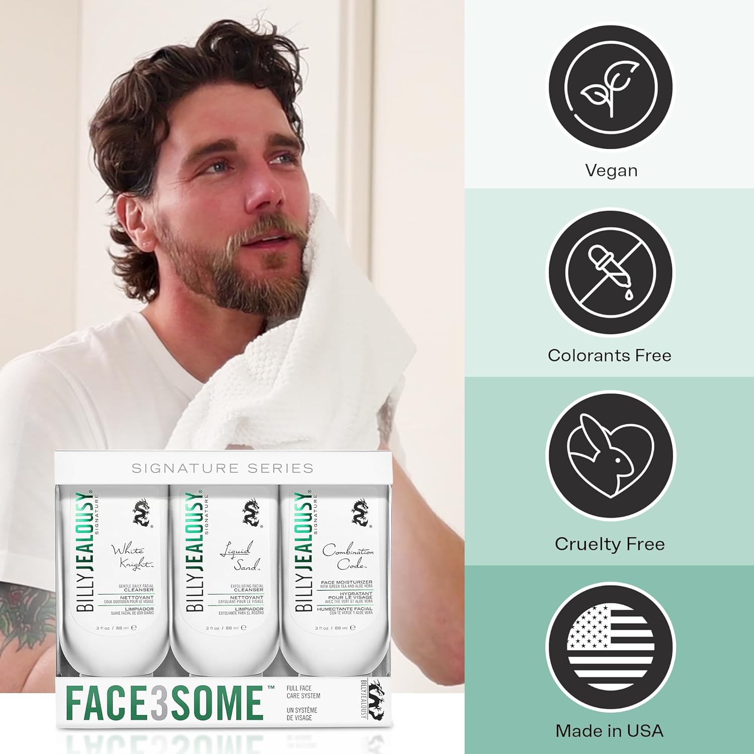 Billy Jealousy Face3Some Face Trio Vegan Mens Skin Care Kit with Travel Size Toiletries, Daily Facial Cleanser, Exfoliating Facial Cleanser and Skincare Moisturizer, Gentle Fresh Scent