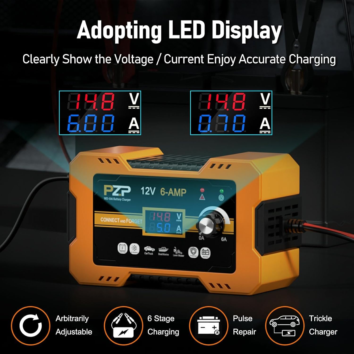 12V Automatic Car Battery Charger, 0-6A Arbitrarily Adjustable Smart Trickle Charger, Auto Desulfator with Battery Repair, Battery Maintainer with Winter Mode for AGM, Gel, Deep Cycle, Lead-Acid