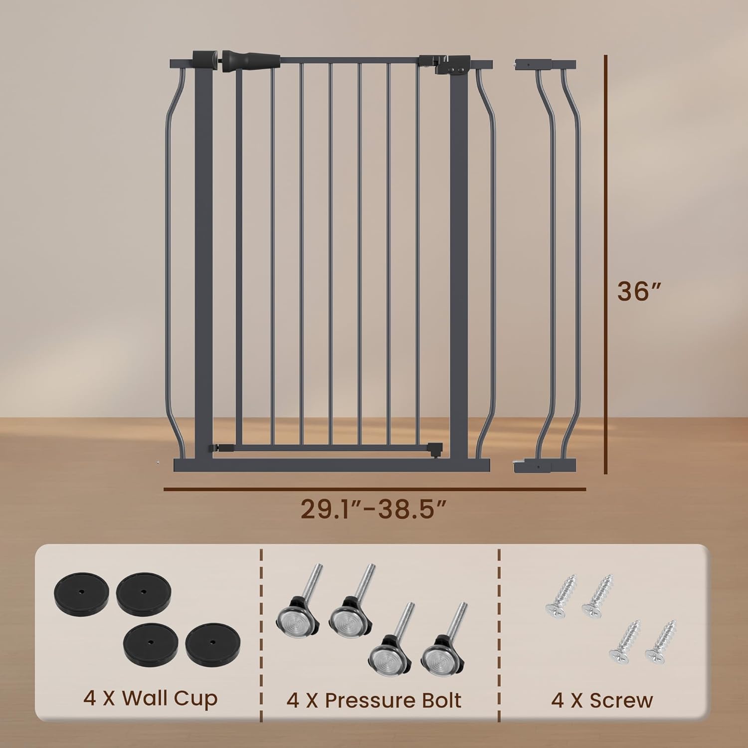ELEVON Baby Gate for Stairs Doorways, 29.1–38.5" Extra Wide 36” Tall Dog Gate with Auto-Close, Pressure Mounted Walk Through Pet Gate, Graphite