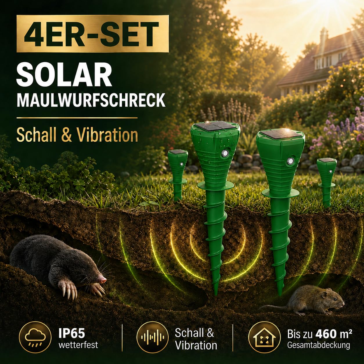 MEKEET Maulwurf Vertreiber Solar 4er Set, Maulwurfschreck mit Ultraschall & Vibration, IP65 Wühlmausschreck Solar zum Wühlmaus Vertreiben für Garten, Rasen und Beete