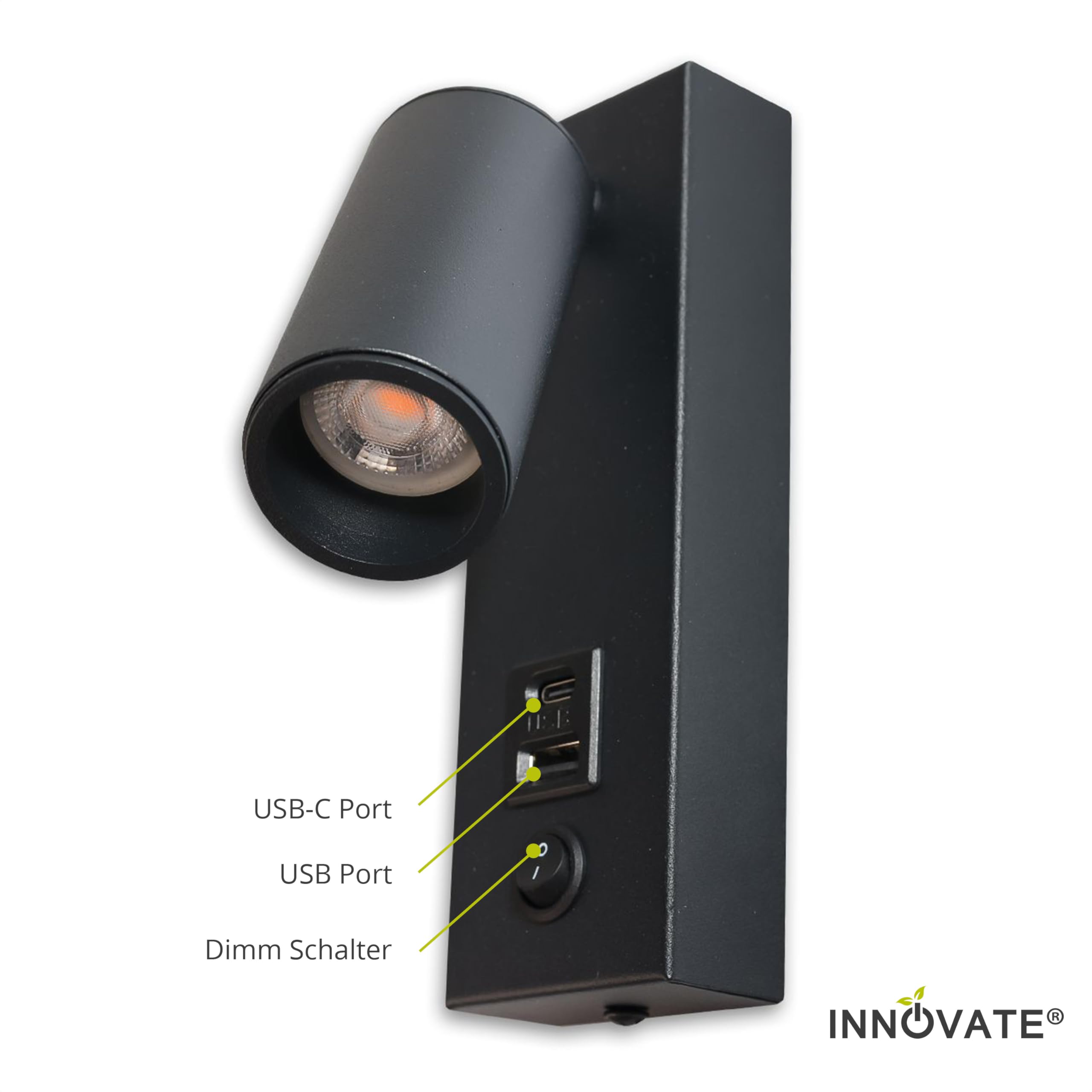 INNOVATE Leselampe Bett Nachttischlampe USB Ladefunktion [270 Lumen 4.5W 3000K] LED Wandleuchte innen Schalter I Bettlampe Wandmontage Schlafzimmerlampe Leselicht I LED Bettleuchte USB-C und -A