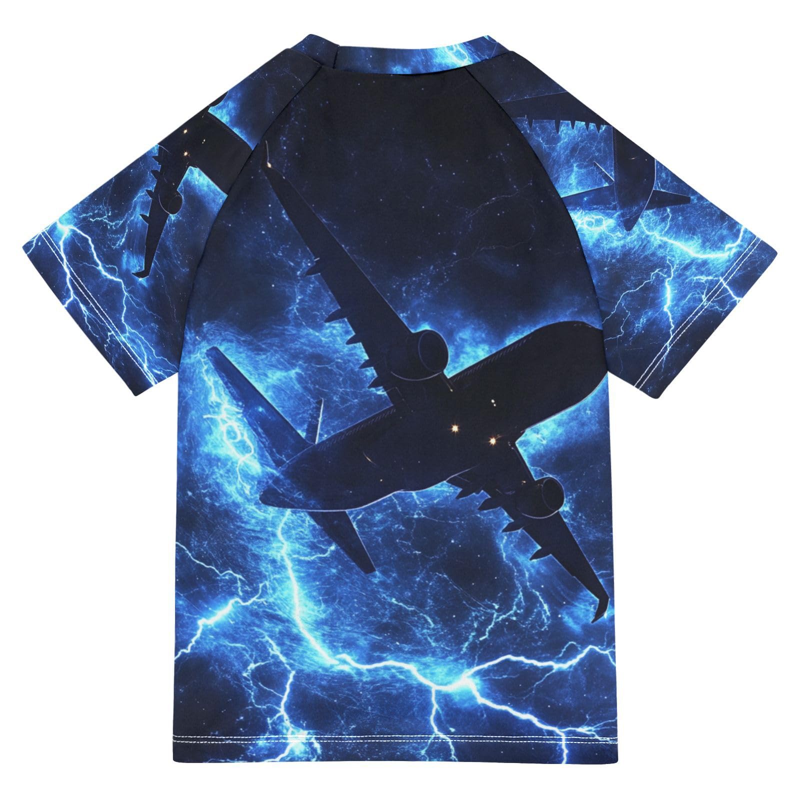 Jucciaco Boys Swimsuit Airplane Lightning Tornado Flying Sunscreen Kids Sun Rashguard Short Sleeve T-Shirts Swimwear Sets UPF 50+ Multicoloured