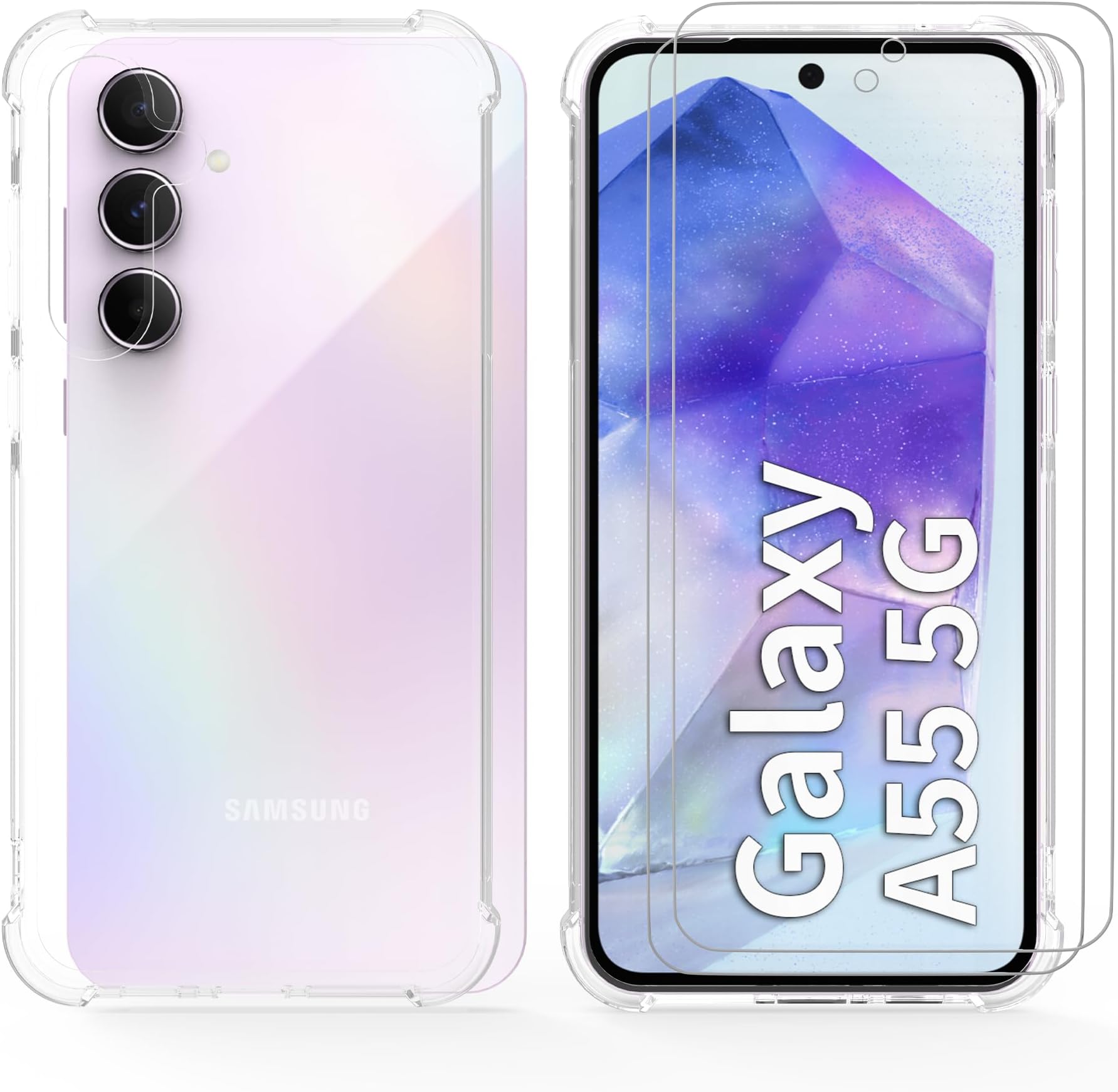 Case for Samsung Galaxy A55 5G with 2 Tempered Glass Screen Protector, Transparent Flexible TPU Bumper Case for Samsung Galaxy A55 5G (6.6") - 01