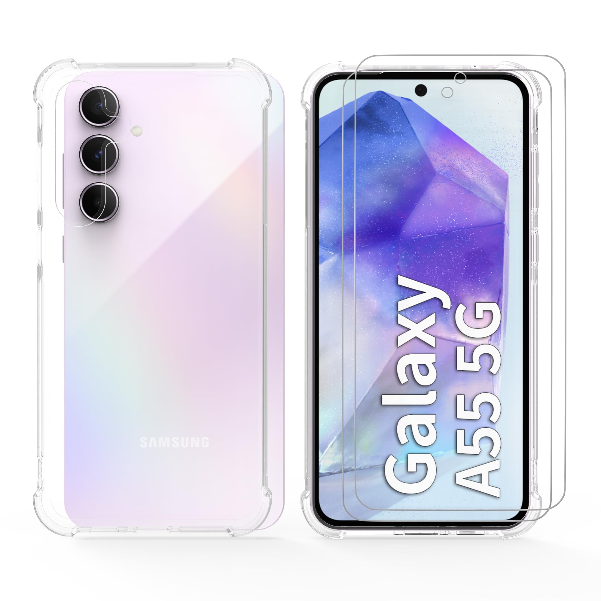 Case for Samsung Galaxy A55 5G with 2 Tempered Glass Screen Protector, Transparent Flexible TPU Bumper Case for Samsung Galaxy A55 5G (6.6") - 01