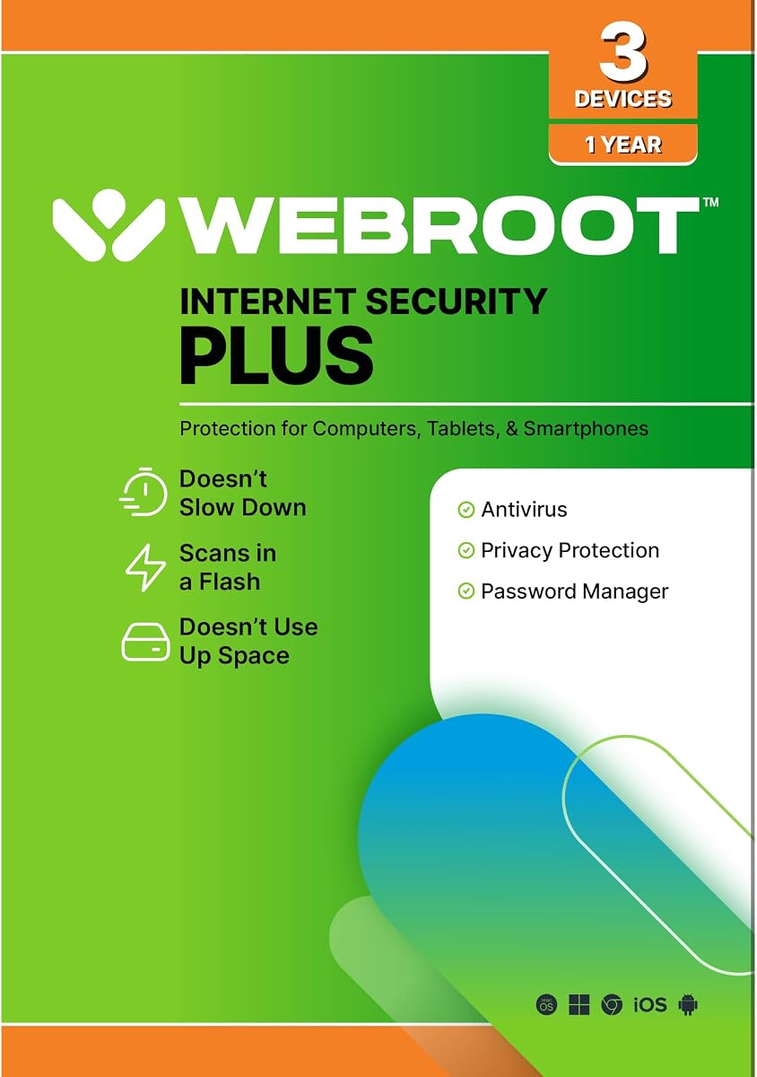 Webroot Internet Security Plus | Software antivirus 2026 | 3 Dispositivo | Tarjeta de acceso de 1 año para PC/Mac/Chromebook/Android/IOS + Administrador de contraseñas | Versión empaquetada