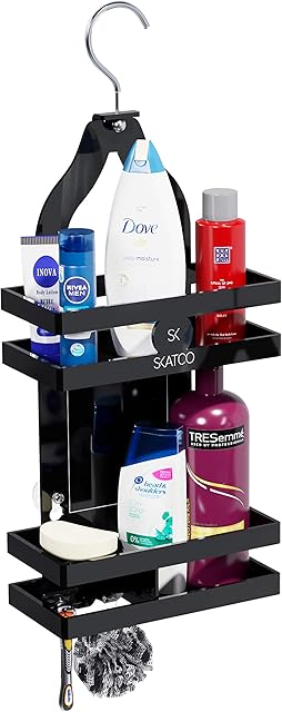 SKATCO Black Hanging Shower Caddy Organiser  Acrylic Rust-Proof 2-tier Shower Shelf No-Drilling-Just-Hanging Bathroom Shelf - Smart Bath Storage Rack With Soap Holder/Hooks - Holds Shampoo, Razor