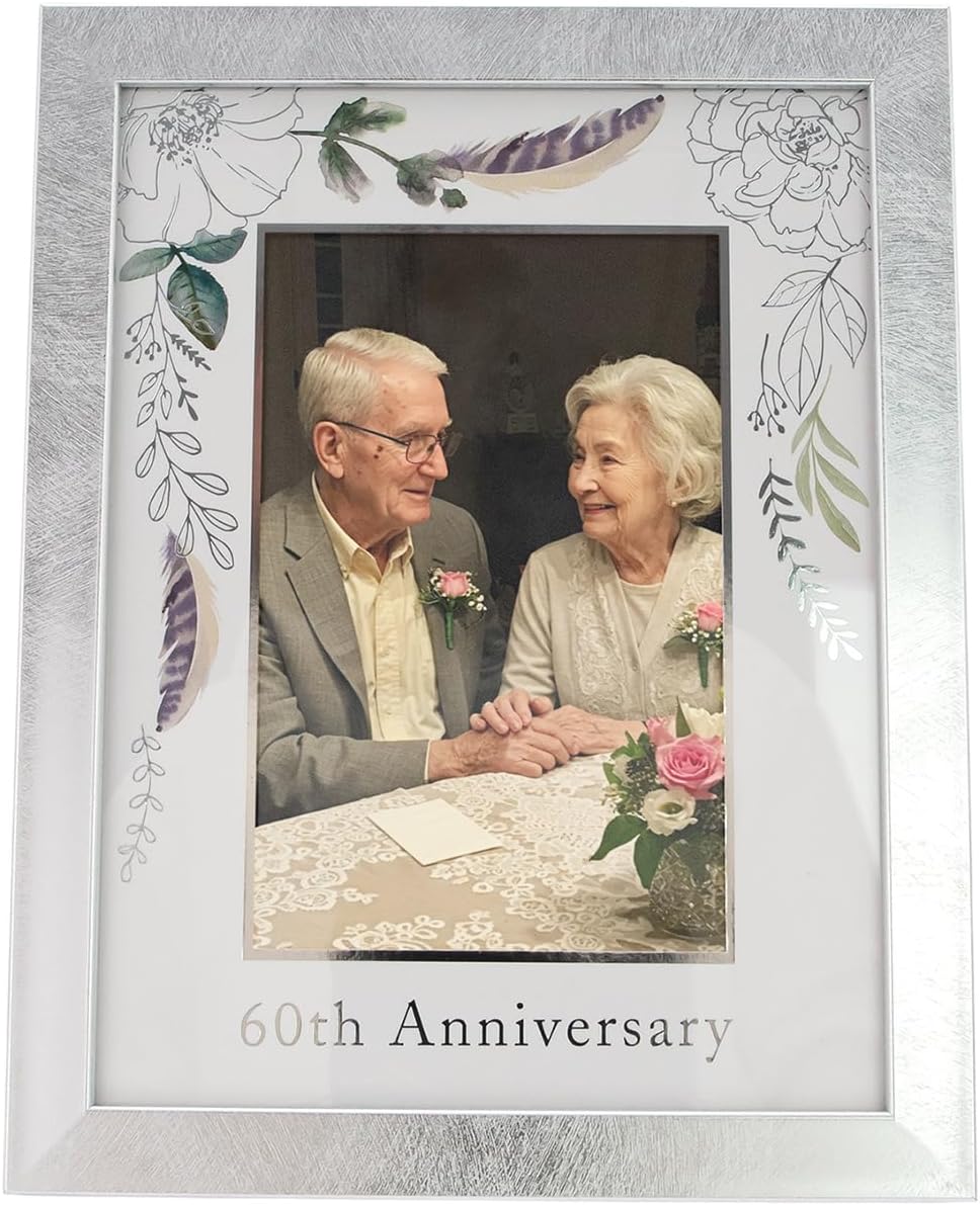 Happy Homewares Modern 60th Diamond Anniversary 4x6 Picture Frame in Brushed Silver with Floral Decor | Silver Foil Print | for Table or Wall Hanging