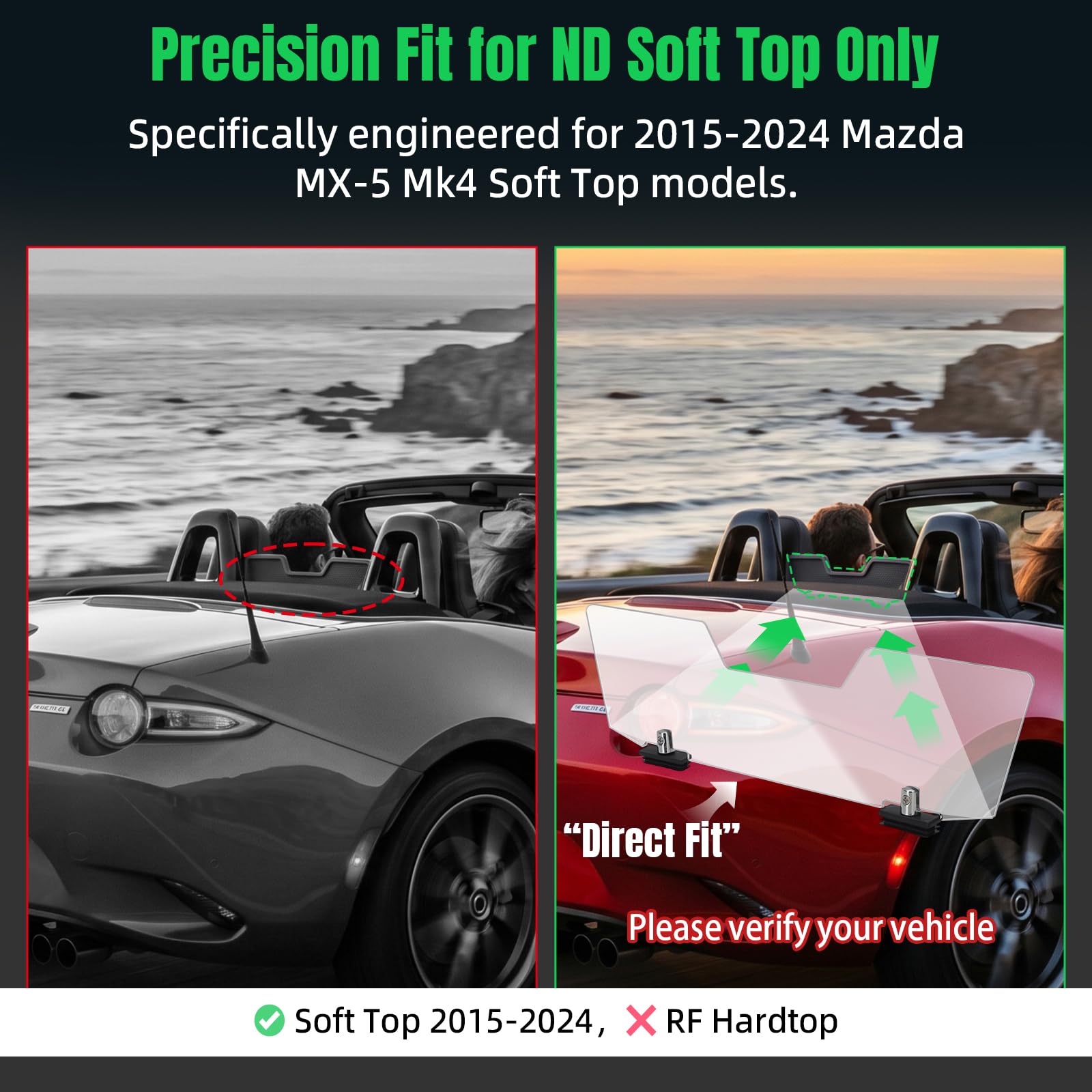 Déflecteur d'air pour Mazda MX-5 Miata ND 2015-2024 avec toit souple, panneau transparent de rechange en acrylique sans perçage