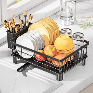 Dish Drain Rack, Small Stainless Steel Dish Rack, Drying Rack with Swivel Draining Pipe, Utensil Holder, Kitchen Counter Dish Drawer for Space Saving