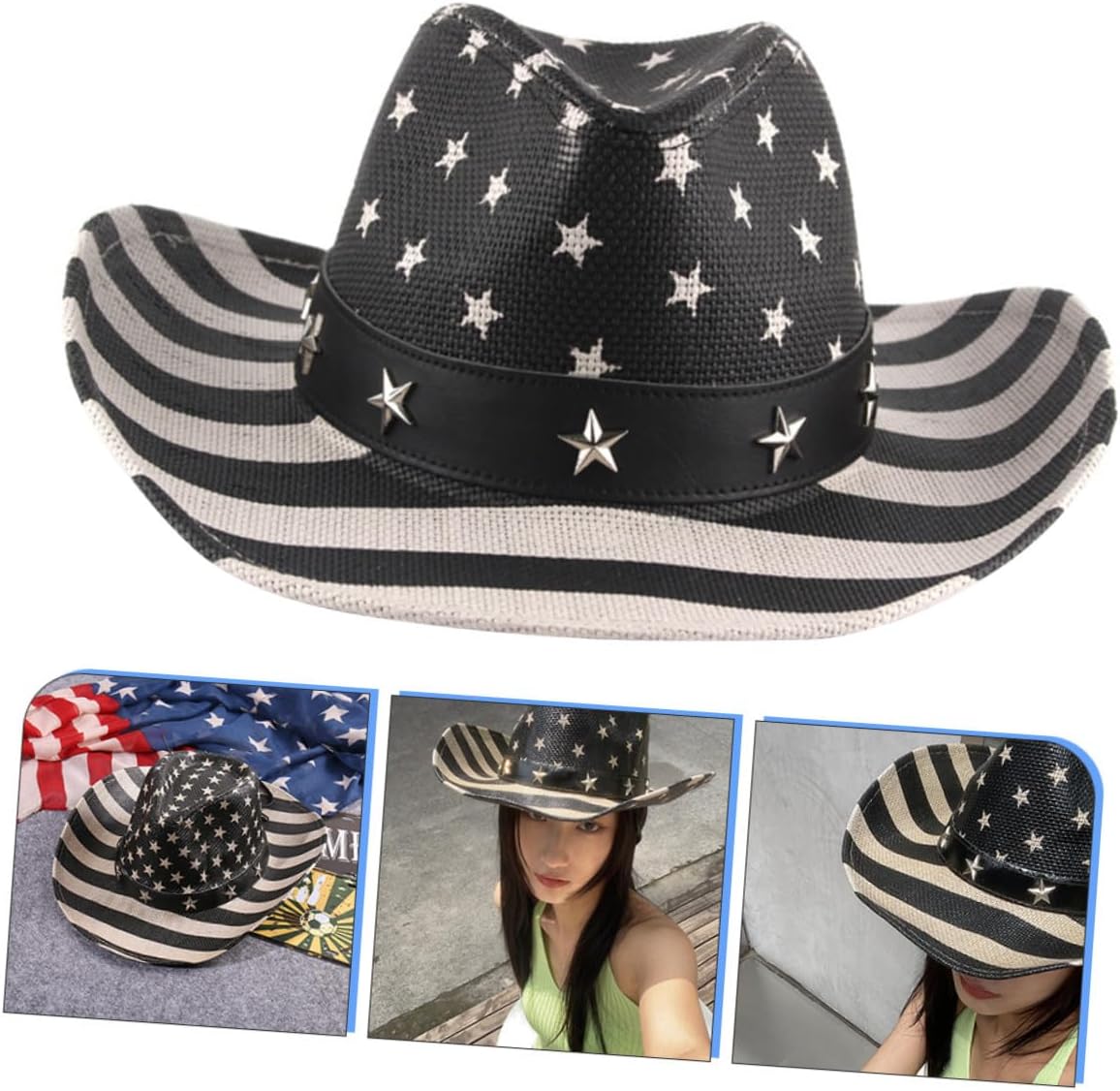 American Flag Straw Cowboy Hat Vintage Western Multi-Functional Summer Hat Unisex Black Stripe Patriotic Events Outdoor Use