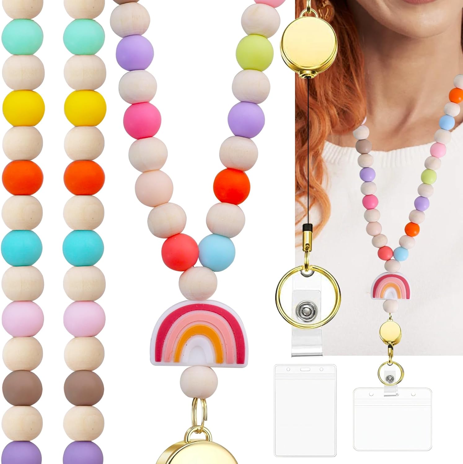 Teacher Lanyard With ID Holder, Colorful Wood Beaded Lanyards for Id Badges Keys, Retractable Cute Lanyard for Women - Image 2