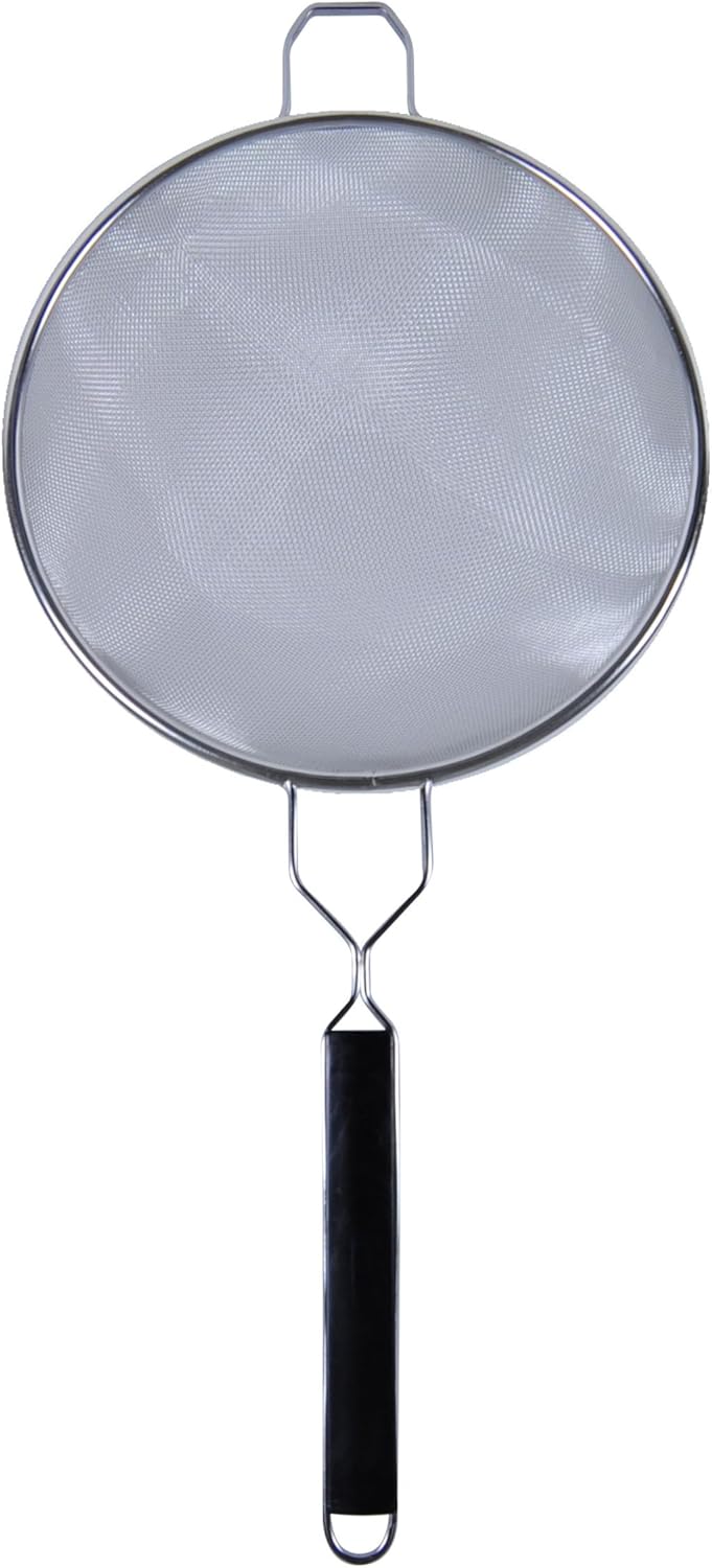 TrueCraftware- 10-Inch Single Medium Mesh Strainer Stainless Steel 10-3/4" Handle Length Black Plastic Handle- Kitchen Utensil Food Strainer Skimmer Spoon for Cooking Sieve Sifters Pasta Fruits