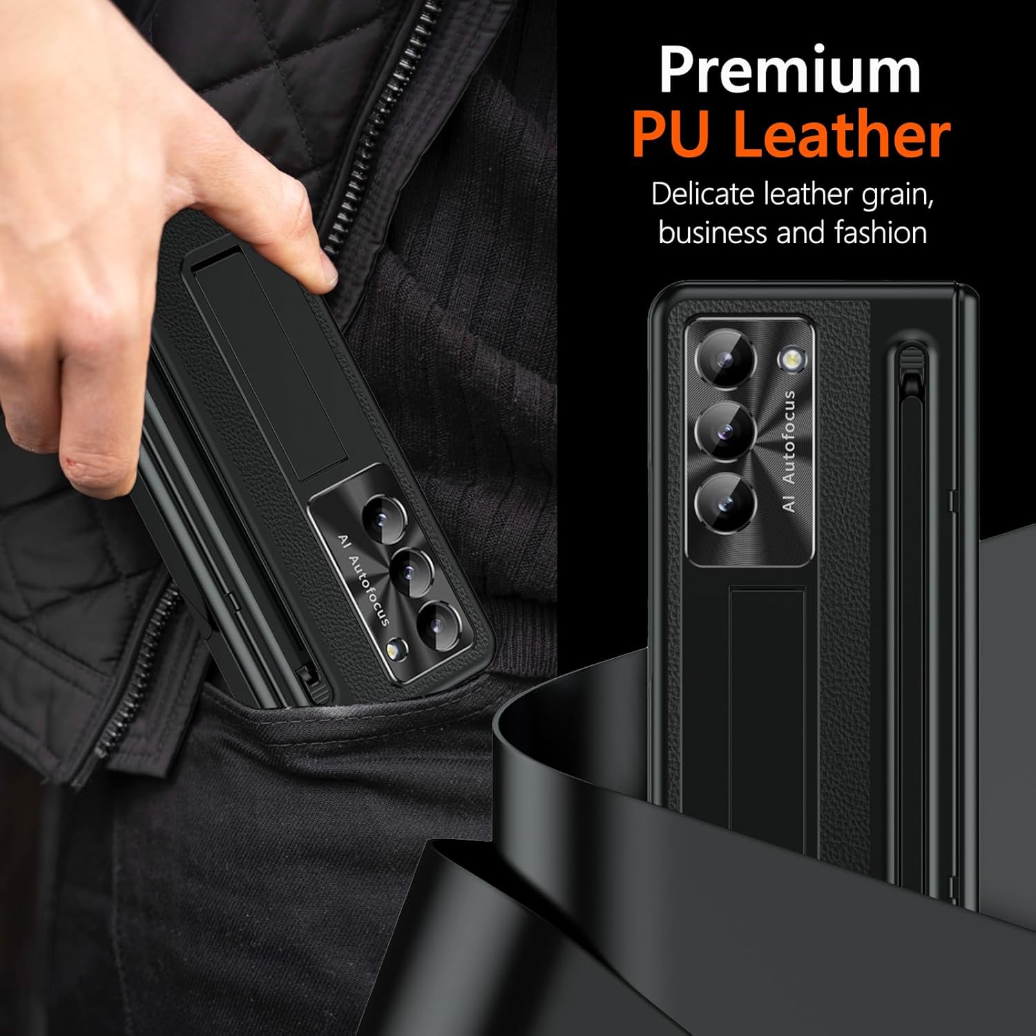 for Samsung Galaxy Z Fold 7 Case with S Pen Holder & Stylus, Fold 7 PU Leather Phone Case with Built in Privacy Screen Protector Full Body Slim Kickstand Protective Cover for Z Fold 7 Black