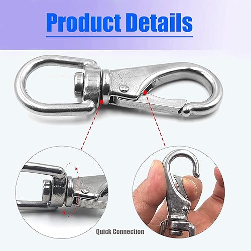 Miniatura 4 de Ganchos giratorios de acero inoxidable, paquete de 6 (3.5 pulgadas), ganchos giratorios de alta resistencia, clips de buceo para comederos de