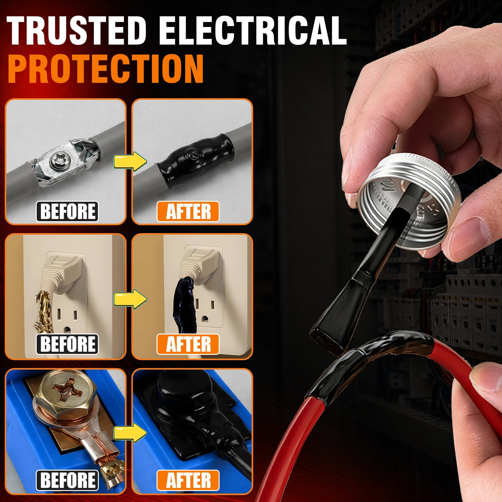 Condition photo showing New/Like New for liquid electrical tape, black insulating electrical tape with brush, quick-dry waterproof liquid tape for wires, cables, connectors, outdoor & automotive electrical equipment, heat resistant