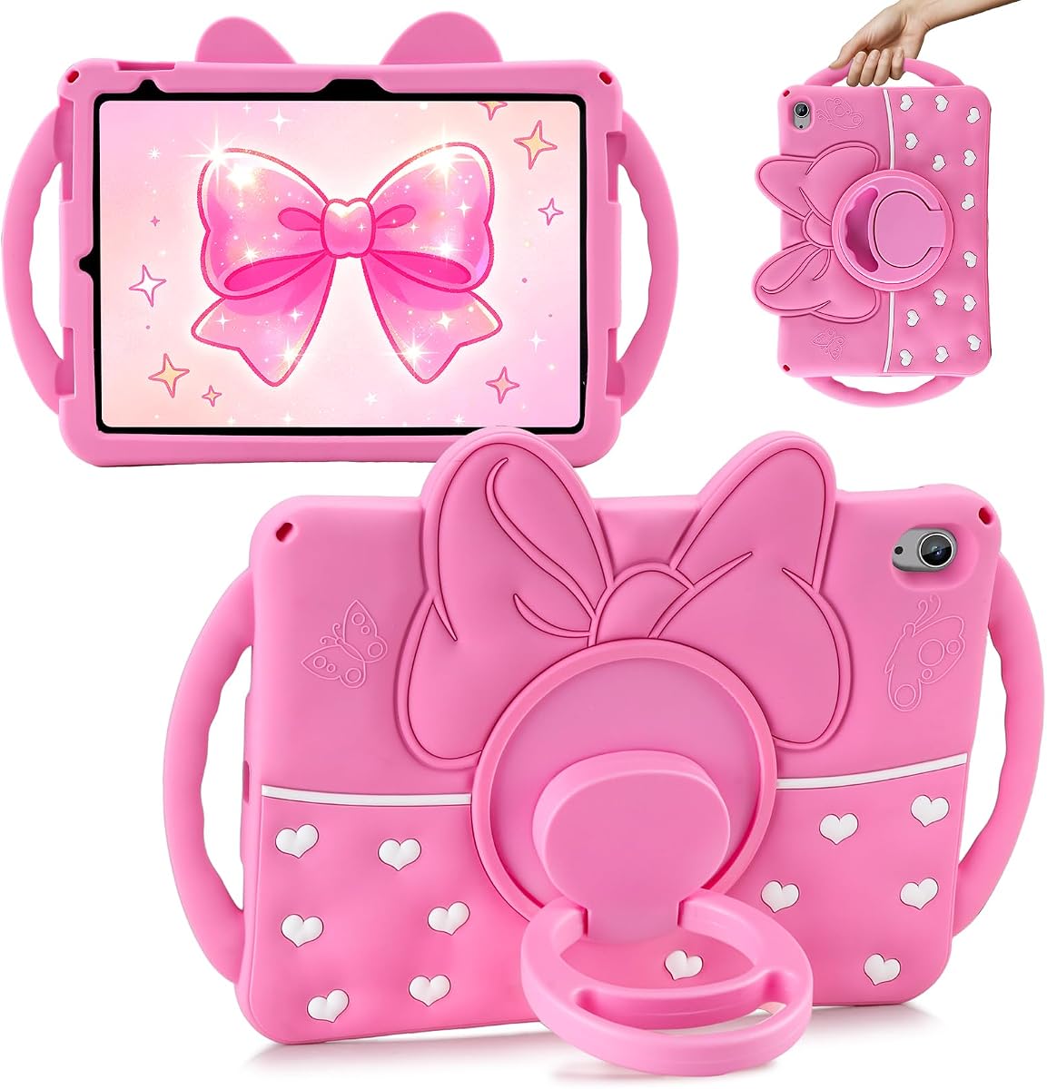 SAMONPOW for iPad A16 Case/iPad 10th Generation Case Kids Girls 11/10.9Inch | 2025/2022 iPad 11th Generation Case with 360° Rotating Stand Handle Cute Bow Heart Soft Silicone Cover for iPad 11th/10th Gen