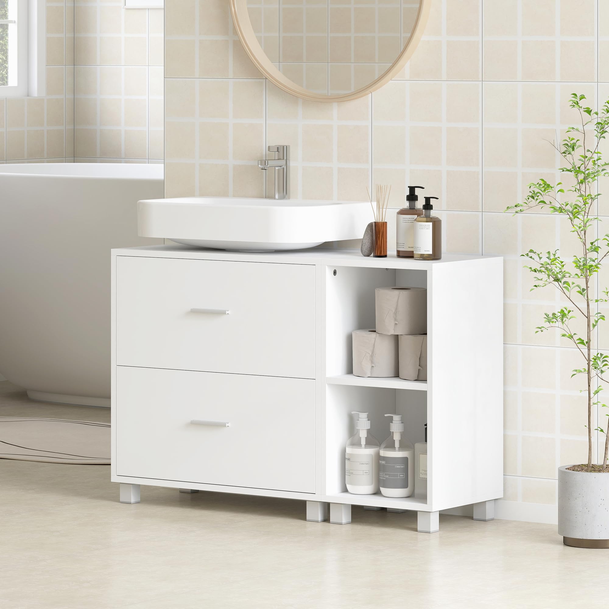 HOMCOM Mueble Bajo Lavabo, Mueble Baño para Pedestal 90x30x60 cm Blanco | 2 Cajones, 2 Estantes Abiertos, Estilo Moderno