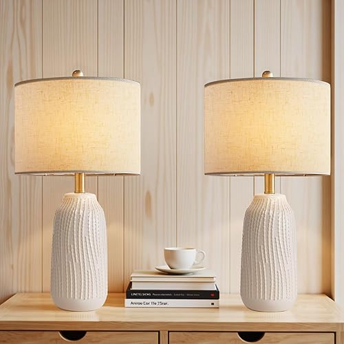 Miniatura 3 de Juego de 2 lámparas de mesa de cerámica de 23 pulgadas, lámpara de mesa de cerámica regulable de 3 vías para dormitorio, casa de campo, lámparas de