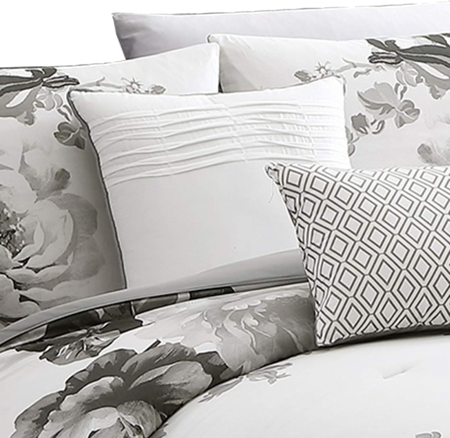 Benjara 7 Piece Cotton Queen Comforter Set with Floral Print, Gray and White
