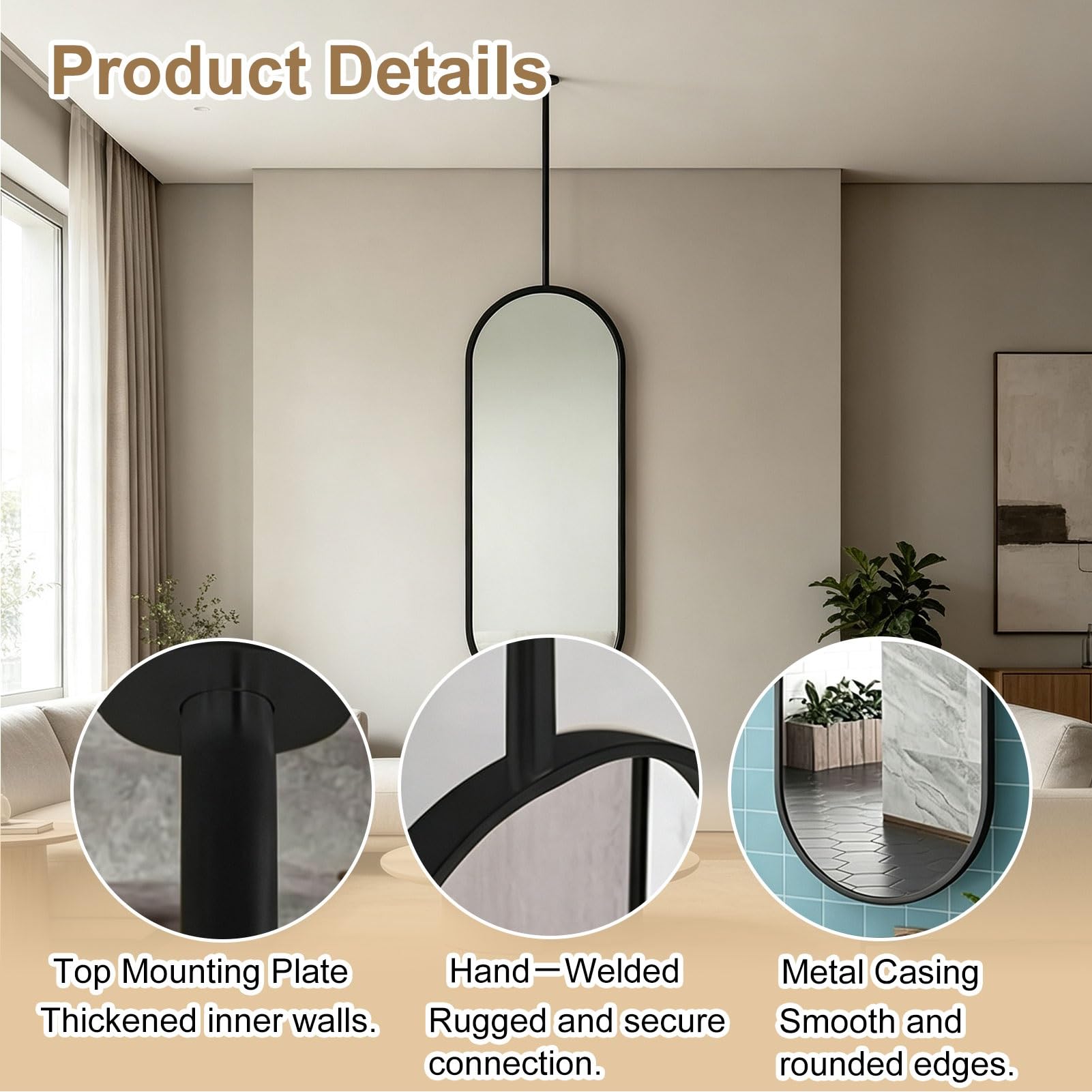 Miroir incassable ovale suspendu au plafond de la maison ou de l'hôtel | Miroirs suspendus simples et élégants,décoration murale,avec cadre et flèche en acier inoxydable brossé(50cmx60cm)