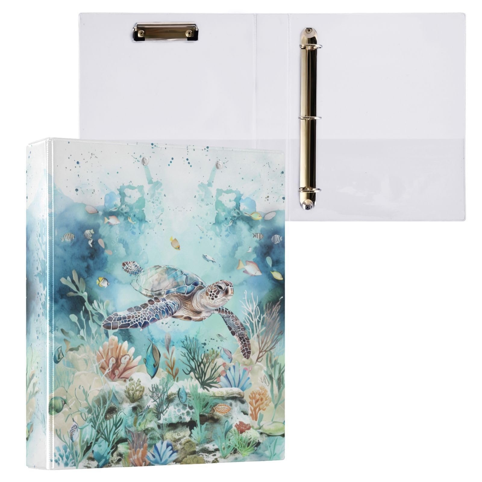 Turtle Undersea Marine Life - Raccoglitore a 3 anelli con 3 anelli, 3,8 cm, con portablocco e 3 tasche trasparenti, contiene 200 fogli di carta formato A4, impermeabile, per scuola, casa e ufficio