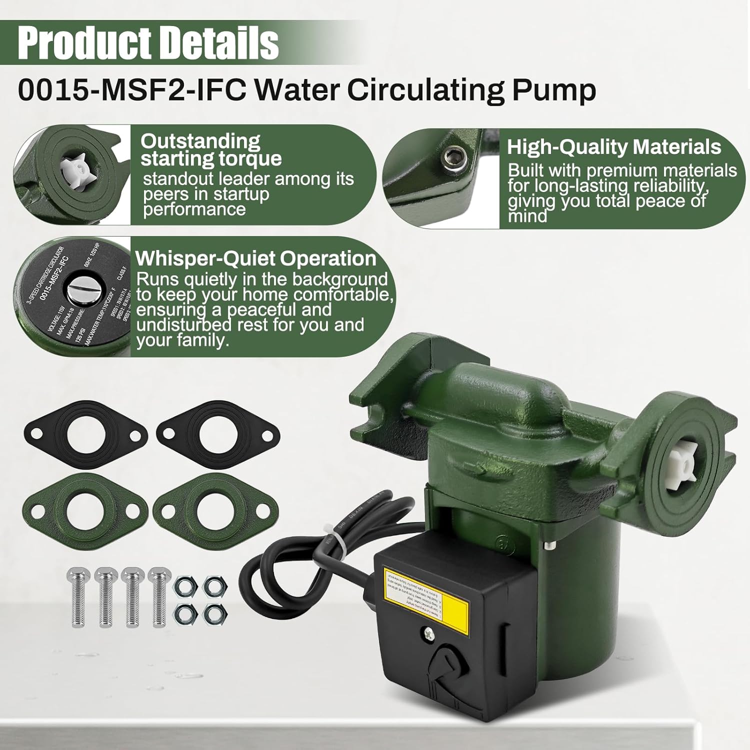 0015-MSF2-IFC 113W 115V 3-Speed Circulator Pump Replacement for Taco 0015-MSF2-IFC Cast Iron Circulating Pump with Flange Gaskets for 1/20HP 125Psi 60HZ 18GPM