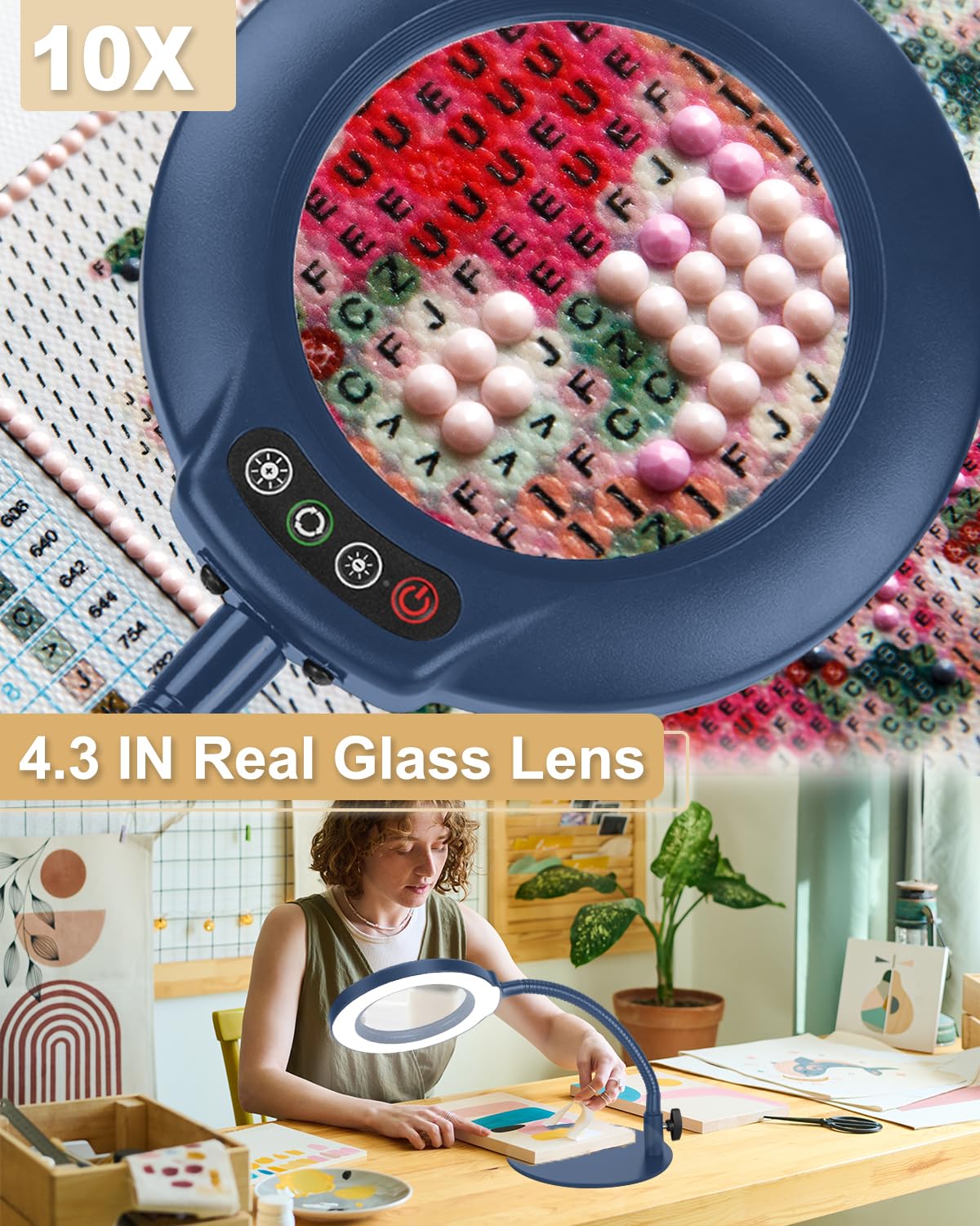 Veemagni 10X Magnifying Glass with Light and Stand, 5 Color Modes Stepless Dimmable LED Lighted Desk Lamp, Hands Free Flexible Gooseneck Magnifier with Light for Craft Hobby Painting Close Work, Blue - Image 2