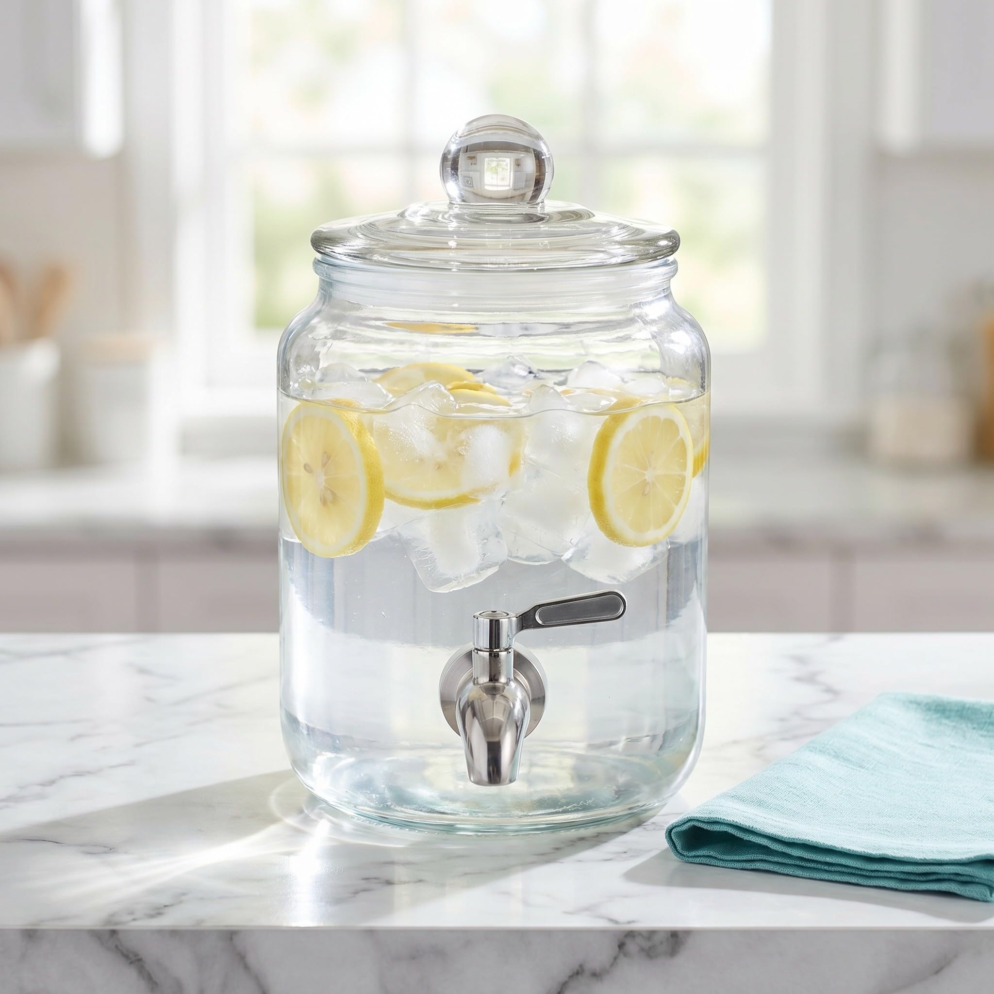 Operitacx Getränkespender aus Glas mit Edelstahlhahn – 1,5 l transparenter Getränkespender für den Kühlschrank – Glasbehälter mit luftdichtem Deckel für Limonade, Eistee, Saft, Partys und