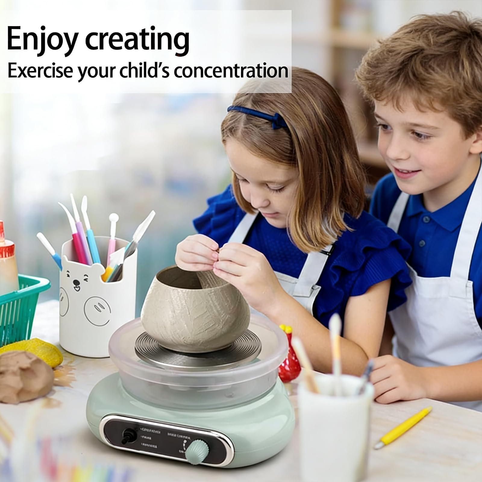 Töpferscheibe für Kinder und Erwachsene, 11,9 cm mit abnehmbarem Drehteller, verstellbarer Geschwindigkeit, Fußpedal, DIY-Kit und 8 Formwerkzeugen für die Töpferei zu Hause