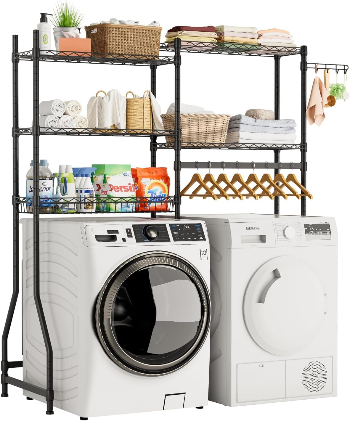 Golpart Over Washer and Dryer Shelves,Heavy Duty Laundry Room Storage Organization Clothes Drying Rack,5 Tier Adjustable Height Wire Shelving and Wire Basket with Hanger Rod&Hook,Space Saving Shelf | Heavy Duty, Clothes Drying Rack, Adjustable Height, Han