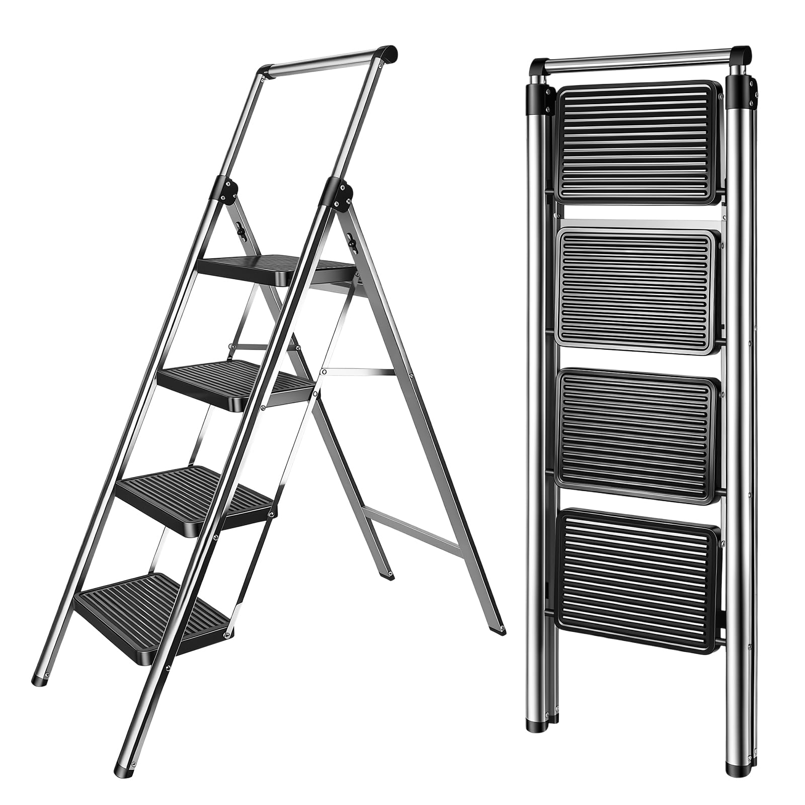 Escabeau pliable avec main courante - Marchepied antidérapant en acier inoxydable - Barre de sécurité anti-vacillement - Escabeau portable avec larges marches - Charge maximale : 150 kg