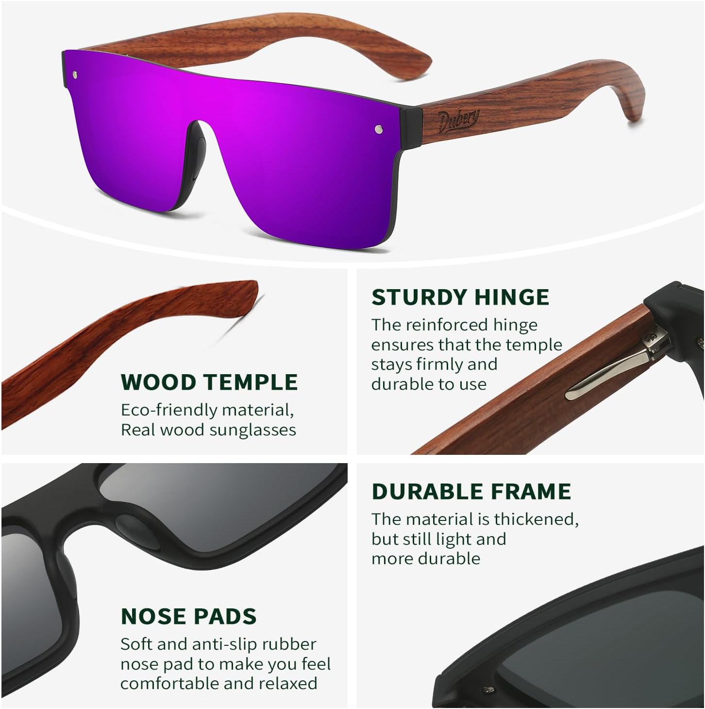 DUBERY Trendy Rimless Wood Sunglasses Polarized Flat Top Sun Glasses with Wooden Temple D219