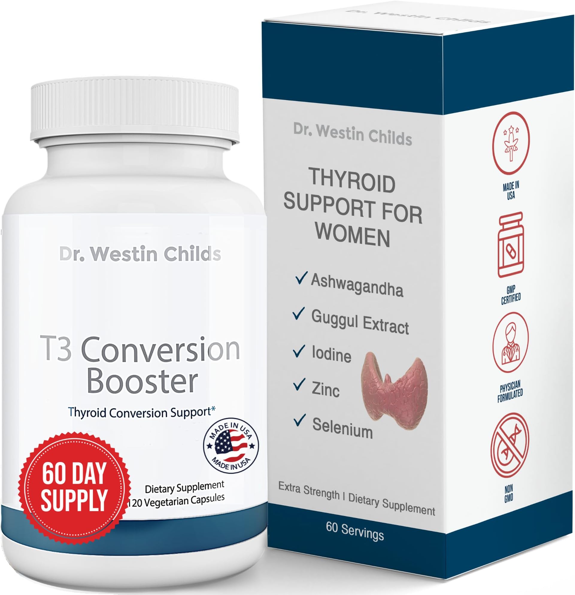 T3 Conversion Booster - Thyroid Support for Women & Men with Hypothyroidism & Hashimoto’s, Iodine, Ashwagandha, Guggul Extract, Selenium & Zinc Complex, 60 Servings