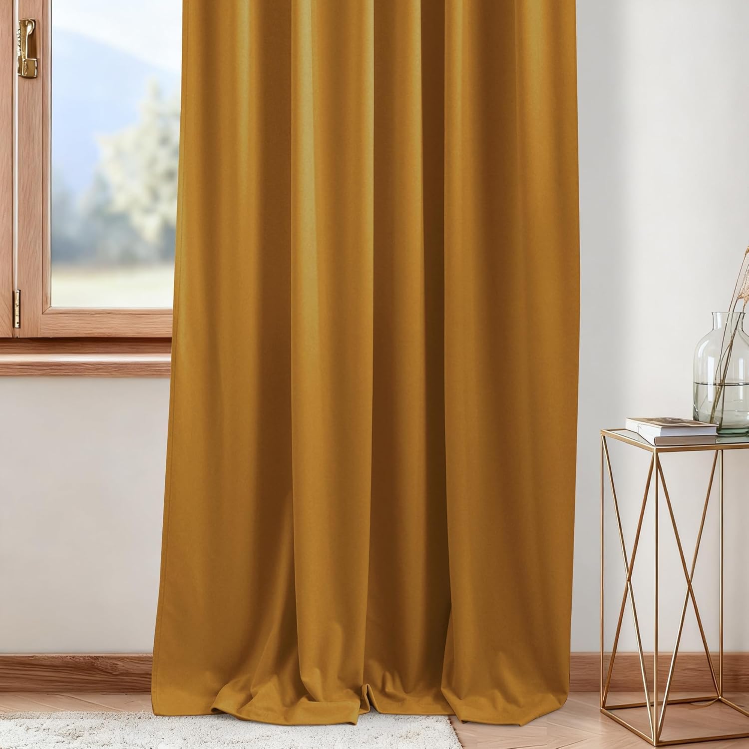NICETOWN Gold Brown 90 inch Long Velvet Curtains & Drapes for Spring - Thermal Insulating Soft Yellow Window Treatments for Bedroom Living Room Sliding Glass Door, W52 x L90, 2 Panels