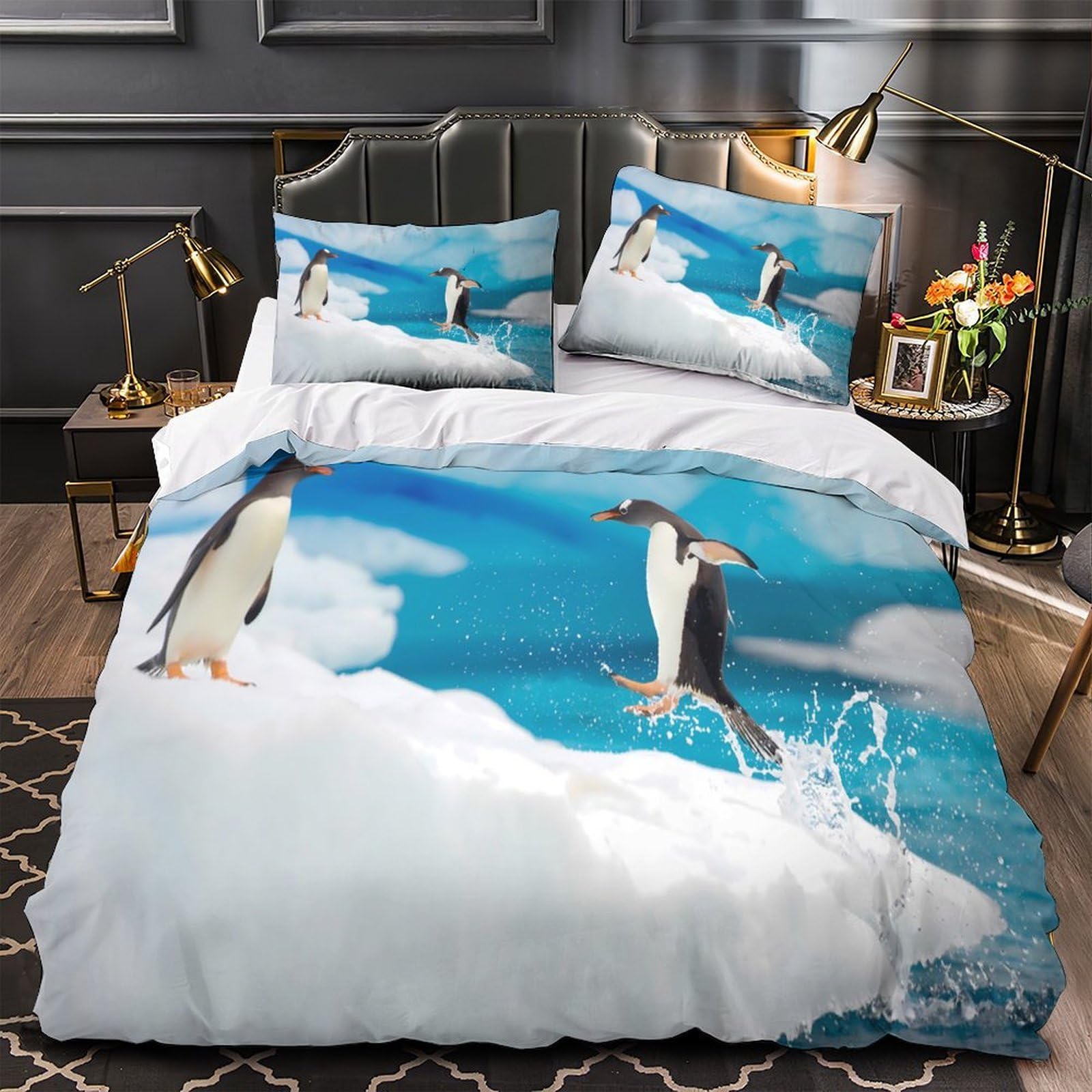 Housse de couette pingouin 3D 135x200 microfibre avec taie d'oreiller pour lit single