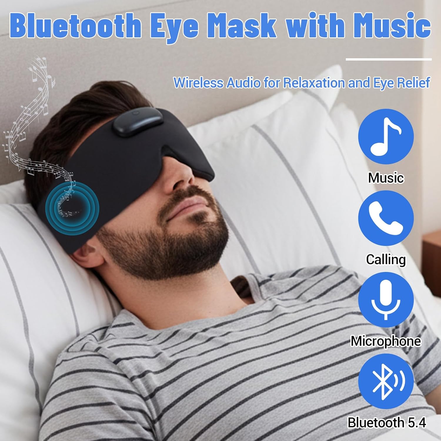 Heated Sleep Mask with Bluetooth Headphones, Cordless Rechargeable Heating Eye Mask with Adjustable Heart Timer Music, Washable Sleeping Mask with Bluetooth Headphones for Dry Eyes (Blue)