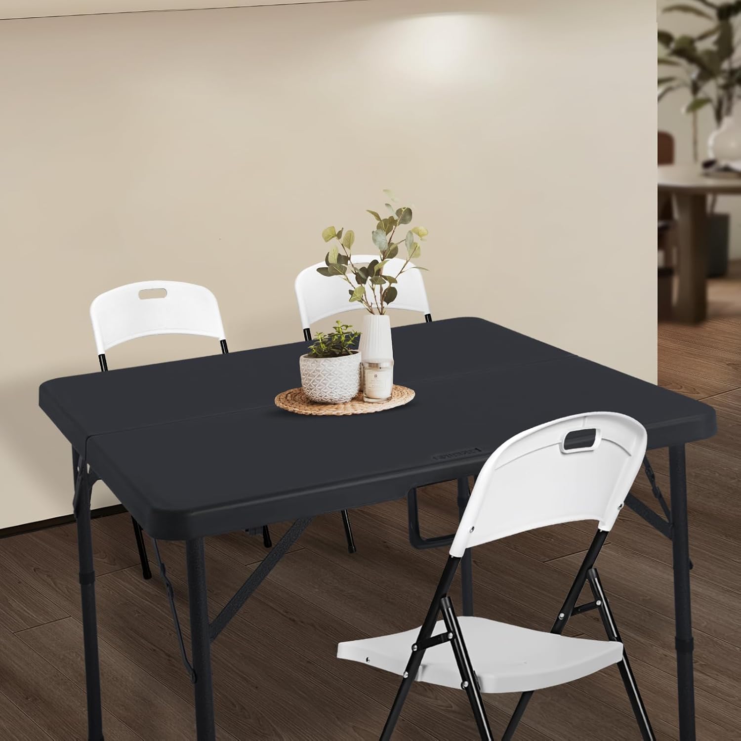 34" Square Folding Card Table, Fold-in-Half Utility Dining Portable Table Heavy Duty HDPE Plastic Foldable with Carrying Handle Indoor Outdoor for Picnic, Camping, Party, Black Dark Black 34IN?square)