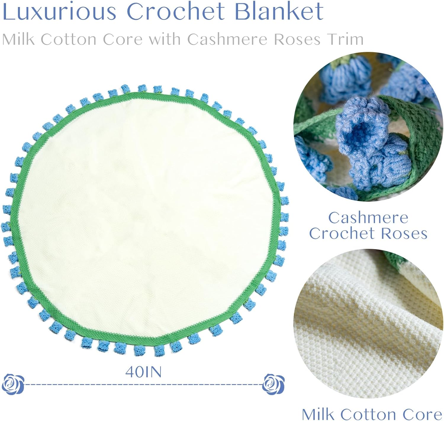 EIGHTOWN 43'' Crochet Flowers Rose Bouquet Blanket Finished - Handmade Knitted Throw Blanket - Home Décor Ideal Gift for Mom - Mother's Day Birthday Valentine's Day (Blue Lily of The Valley) - Image 2