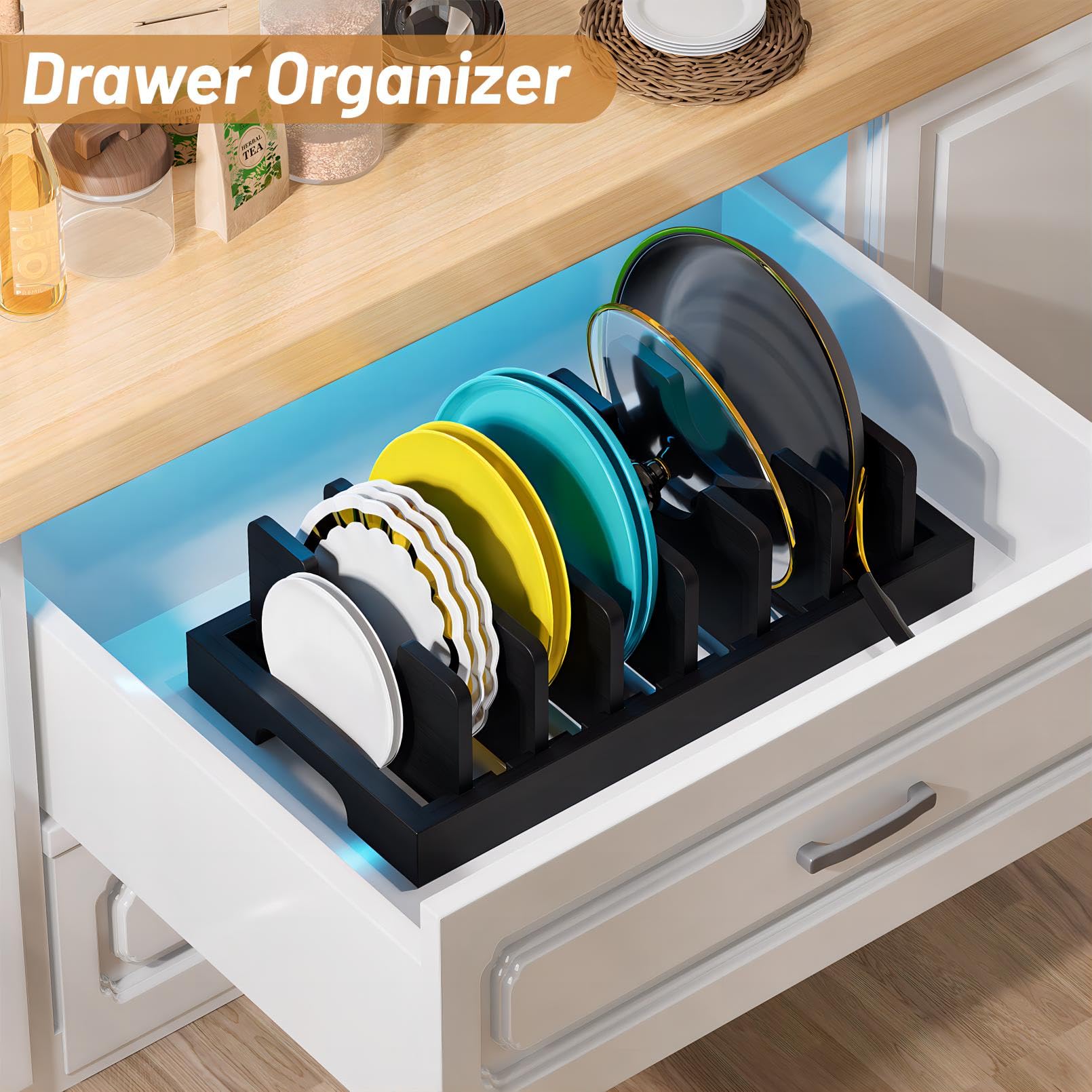 Kiasthome Organizador de ollas y sartenes de bambú, organizador de tapa de olla, organizador de gabinete de cocina con 7 separadores ajustables para ollas, sartenes, bandejas para hornear, tablas de