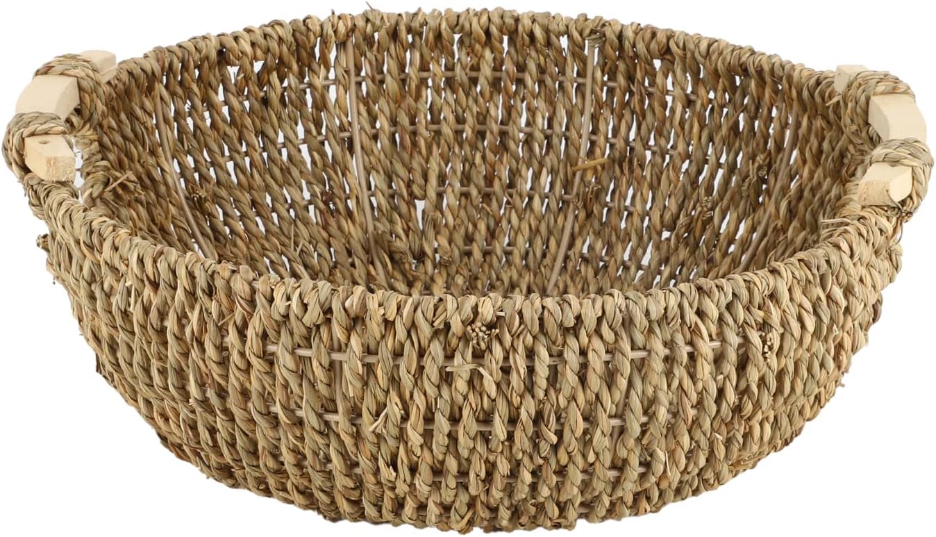 13.39" Seagrass Woven Round Basket with Wooden Handles, Handwoven Bread Basket & Fruit Bowl for Kitchen Counter, Natural Wicker Storage Basket for Bread, Vegetables, Household Organizing